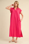 Solid Collared Midi Dress with Pockets