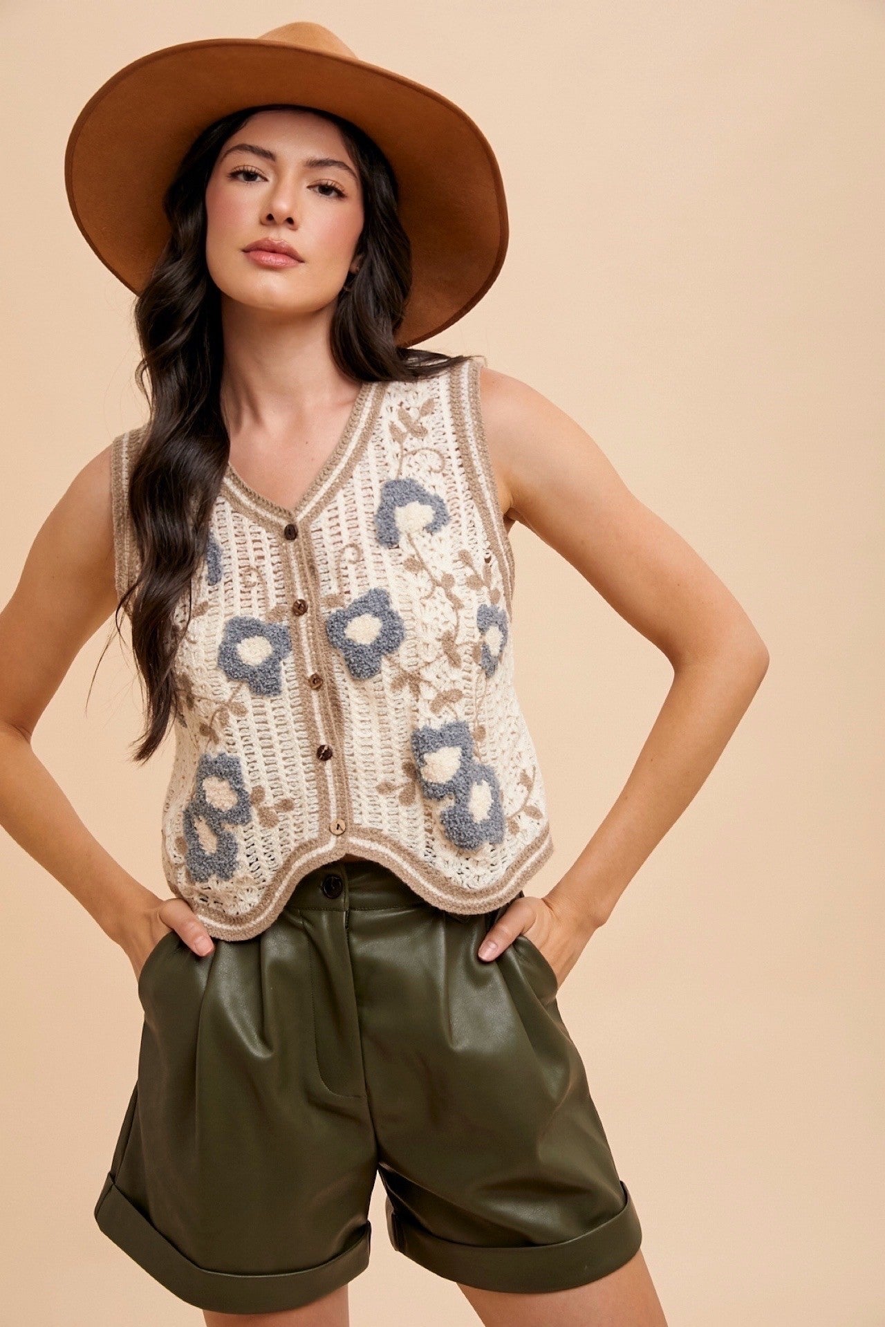 Floral Embroidery Path Crochet Sweater Vest