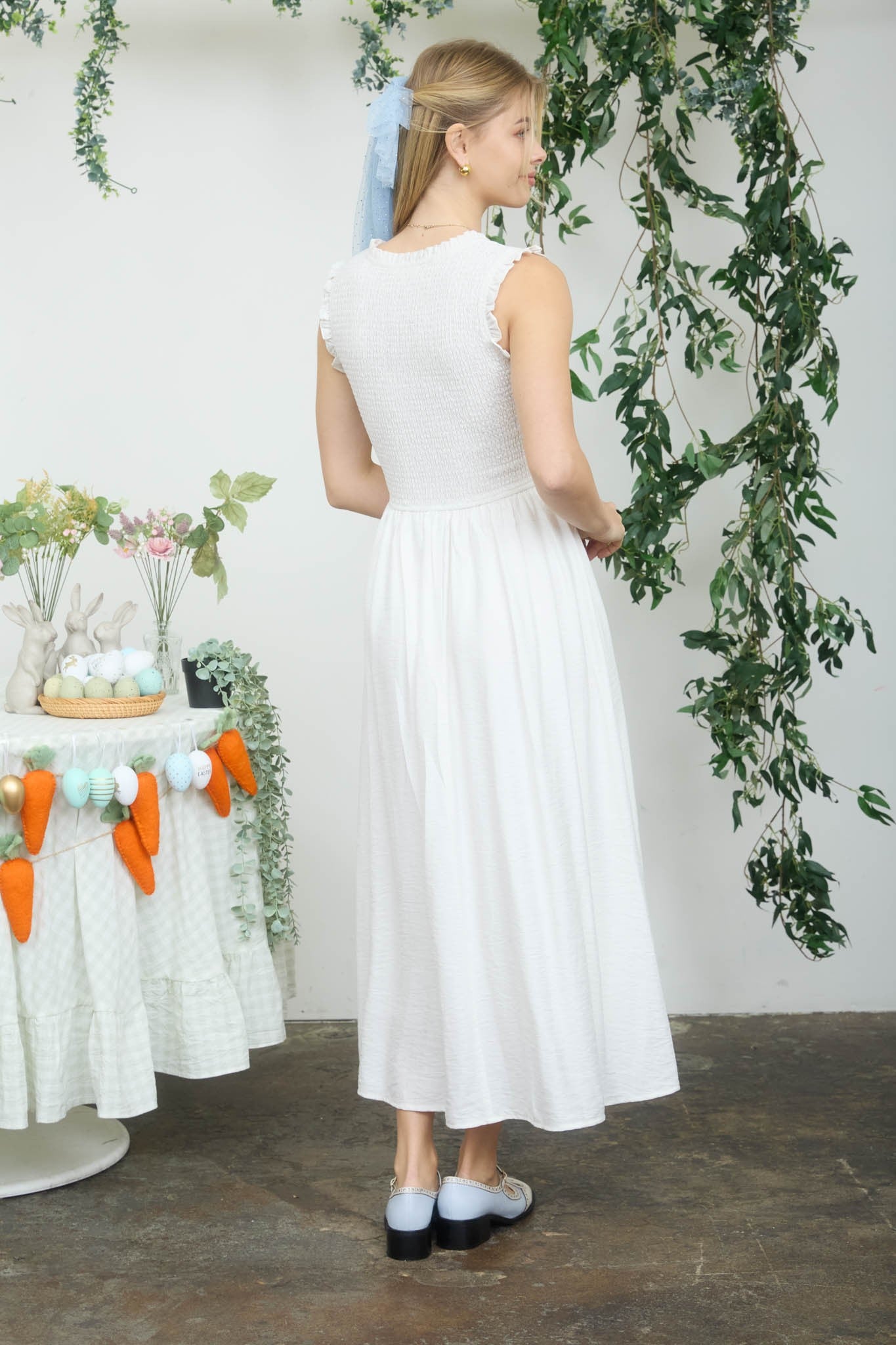 Sweetheart Smocked Mock Button Midi Dress