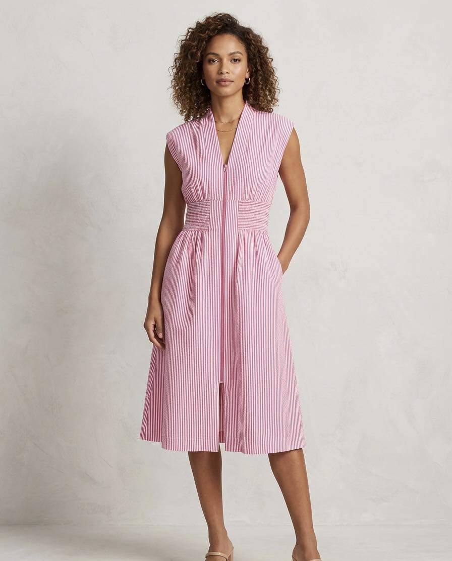 Fun Zippered Red Seer Sucker Maxi Dress