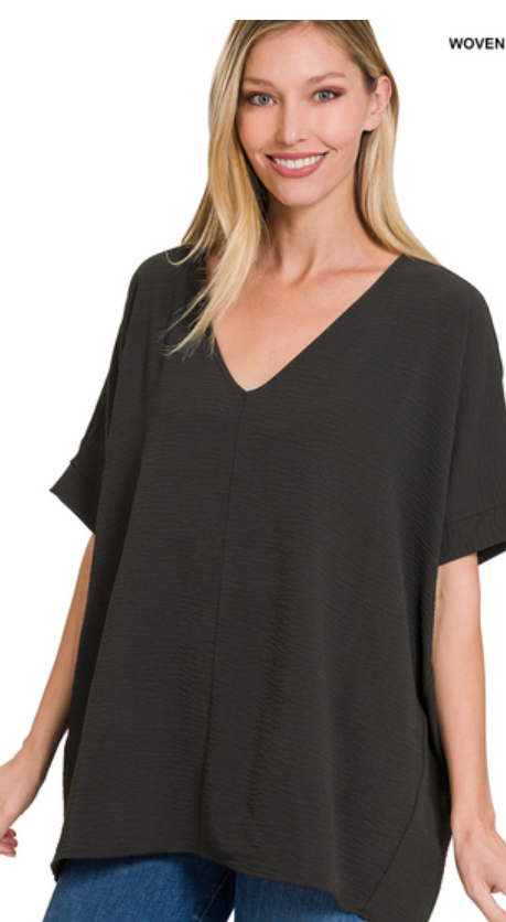 Woven Airflow V-Neck Dolman SS Top - Black