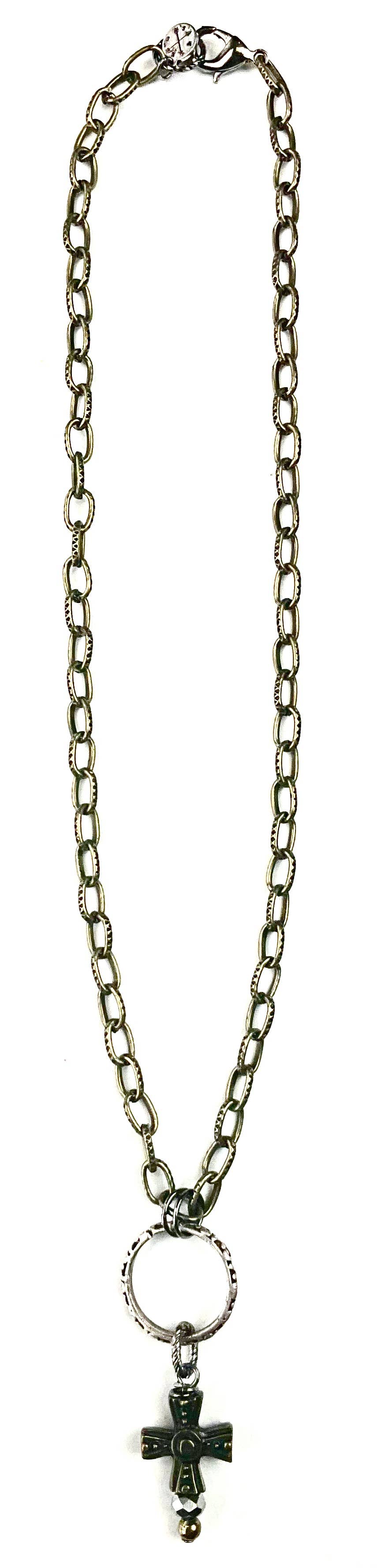 SIMPLE SHORT CHAIN W/RING & CROSS DANGLE