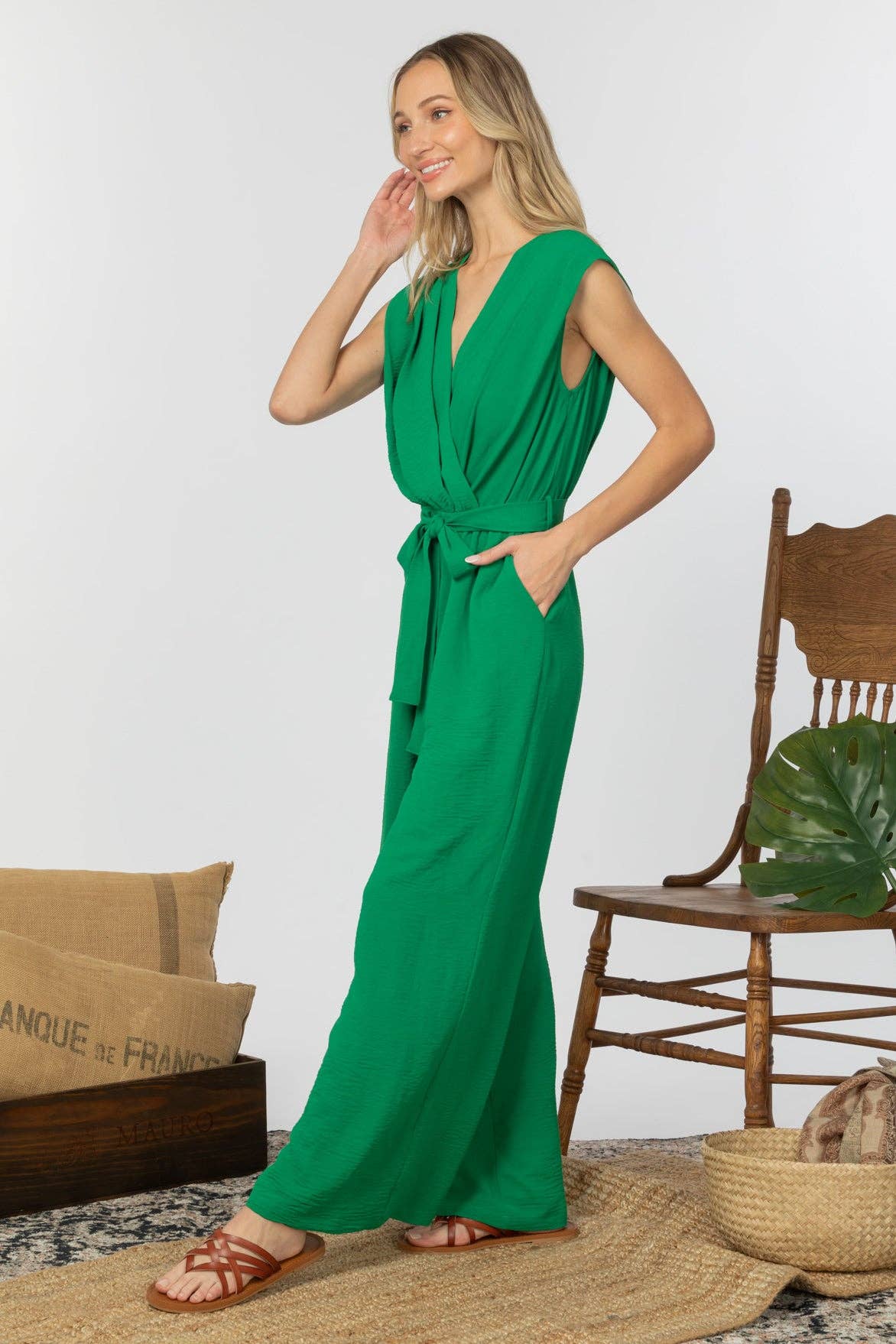 Sleeveless Faux Wrap Wide Leg Jumpsuit