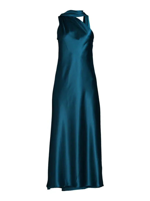 One Shoulder Satin Maxi Dress with Scarf Detail