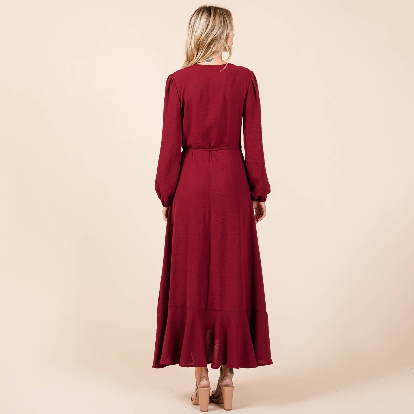 Ruffle Hem High Low Long Sleeve Wrap Maxi Dress