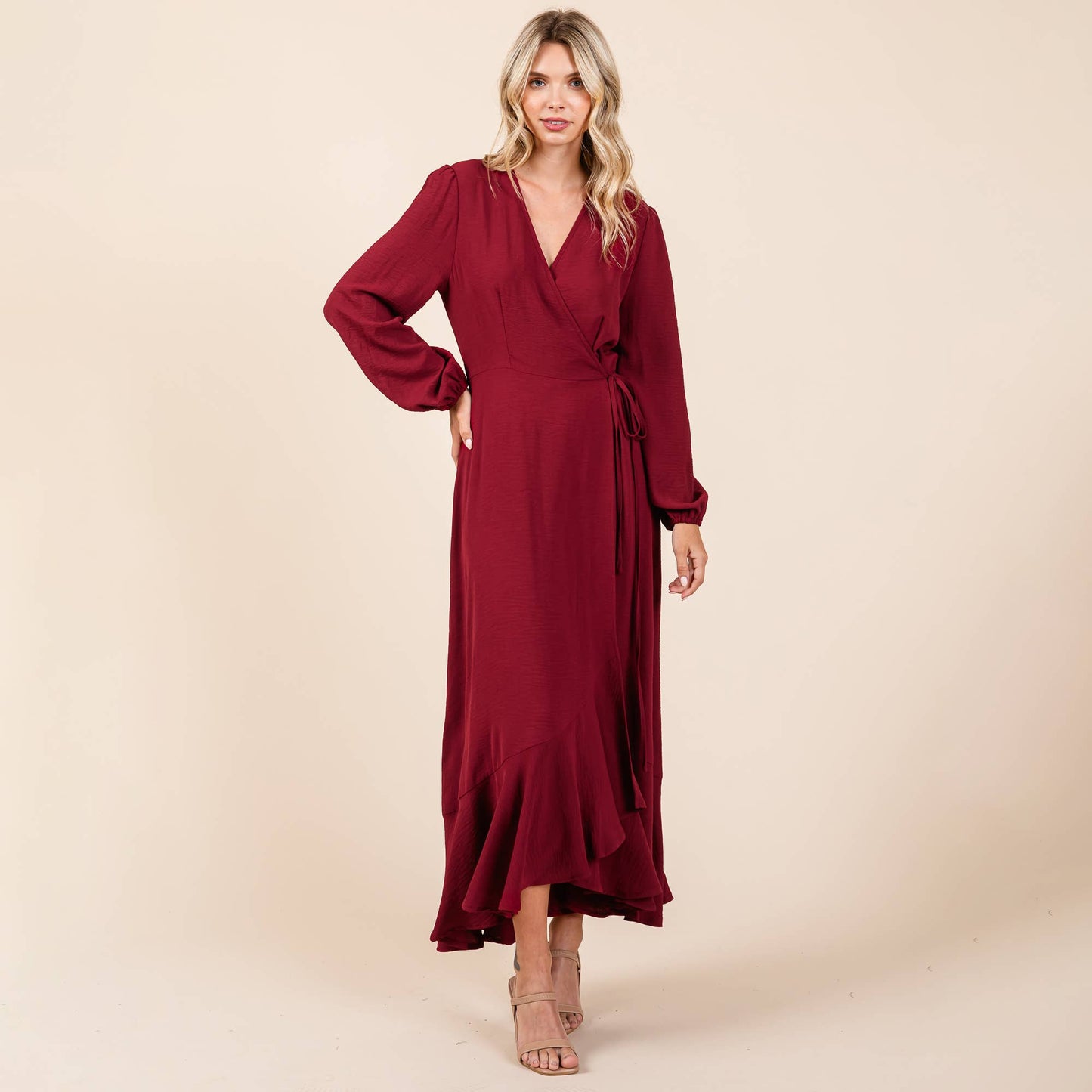 Ruffle Hem High Low Long Sleeve Wrap Maxi Dress