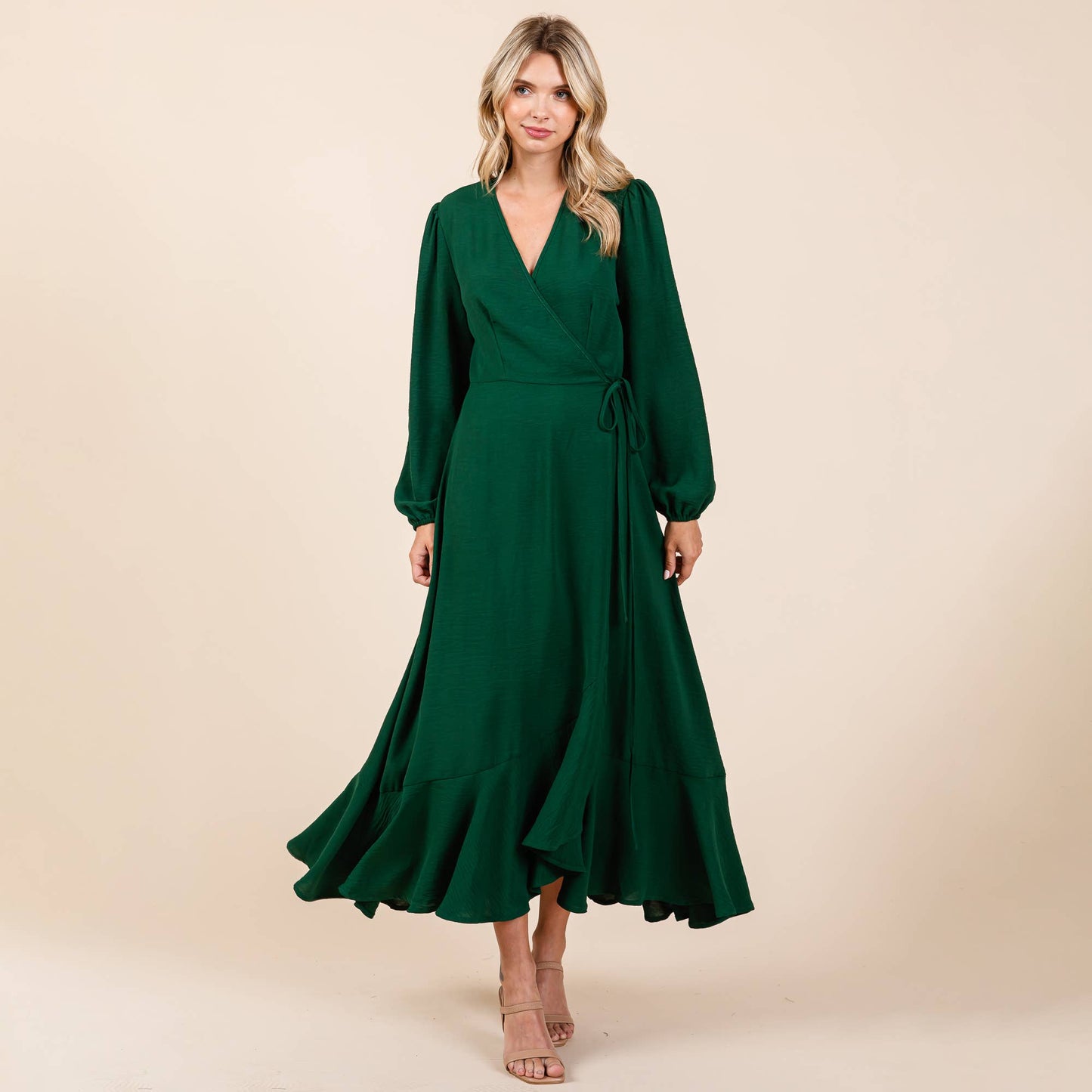 Ruffle Hem High Low Long Sleeve Wrap Maxi Dress