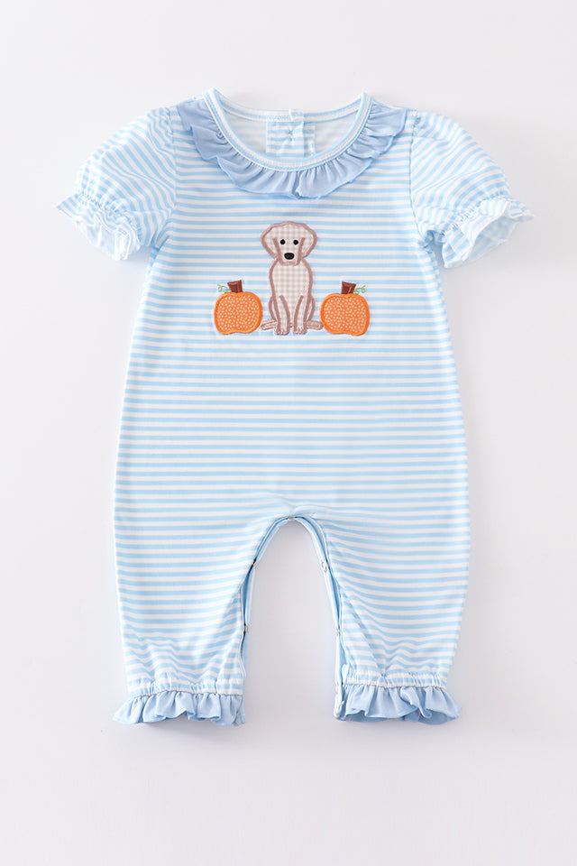 Blue stripe dog pumpkin applique girl romper