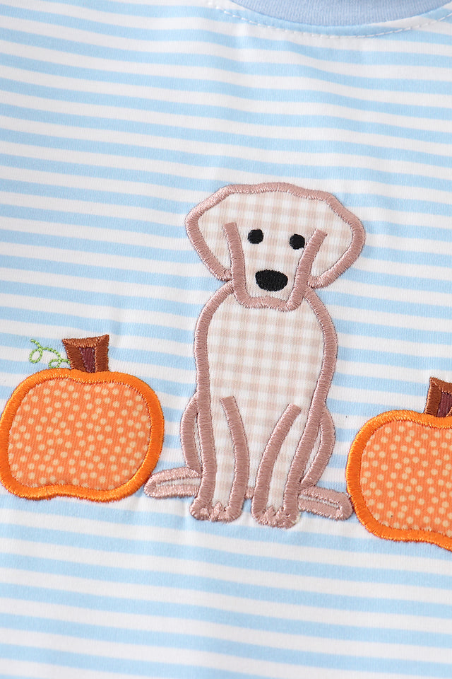 Blue dog pumpkin applique boy romper