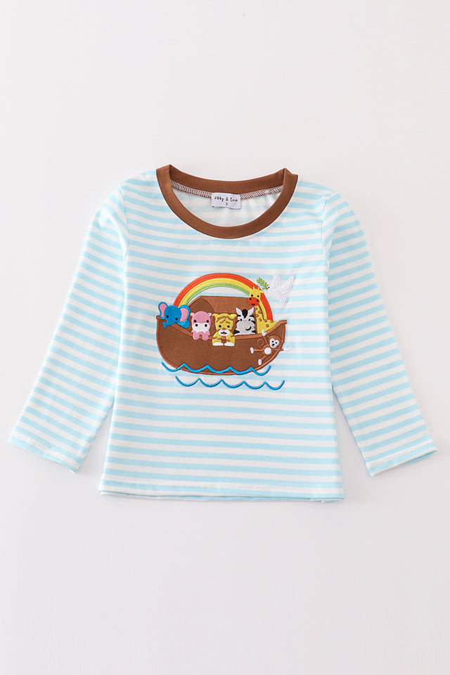 Blue stripe Noah's Ark animal applique boy top