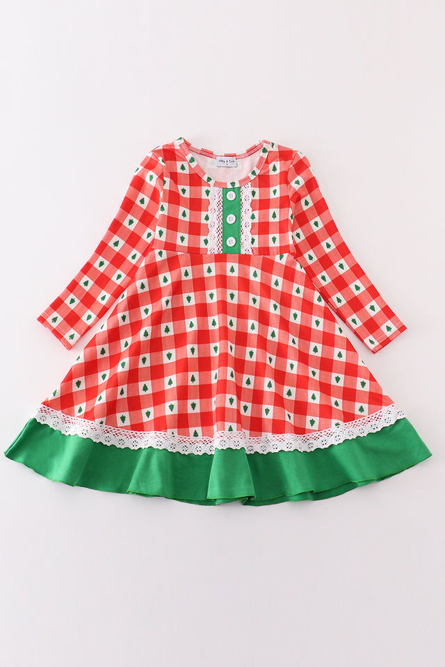 RED CHRISTMAS TREE GINGHAM GIRL DRESS