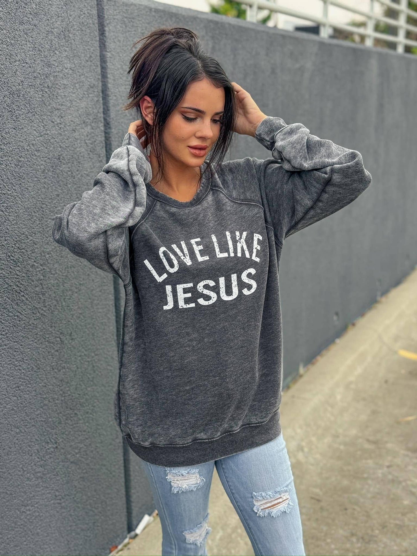 Love Like Jesus | Long Sleeve | Fleece  |Grey Acid Wash