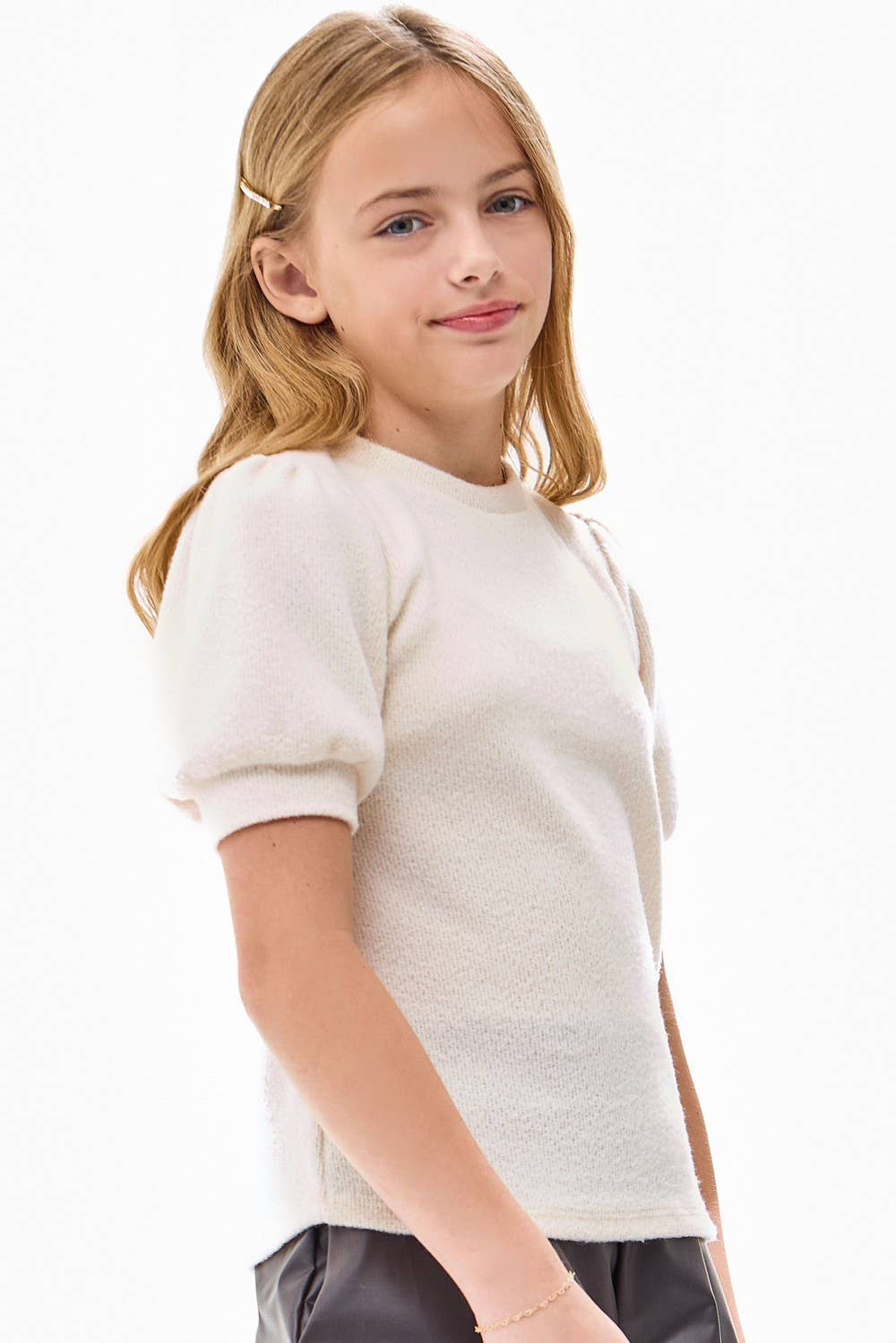 Tween Short Puff Sleeve Knit Sweater