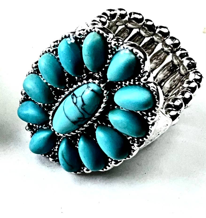 SR206T RG SW FLOWER W/TURQ STRETCH RING - ANT. SLV.