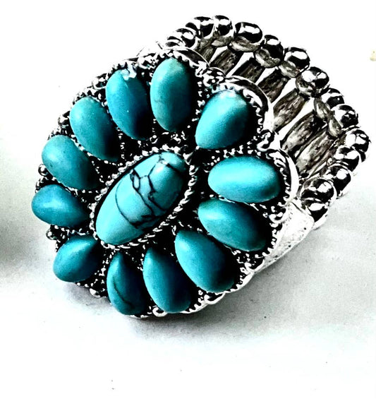 SR206T RG SW FLOWER W/TURQ STRETCH RING - ANT. SLV.