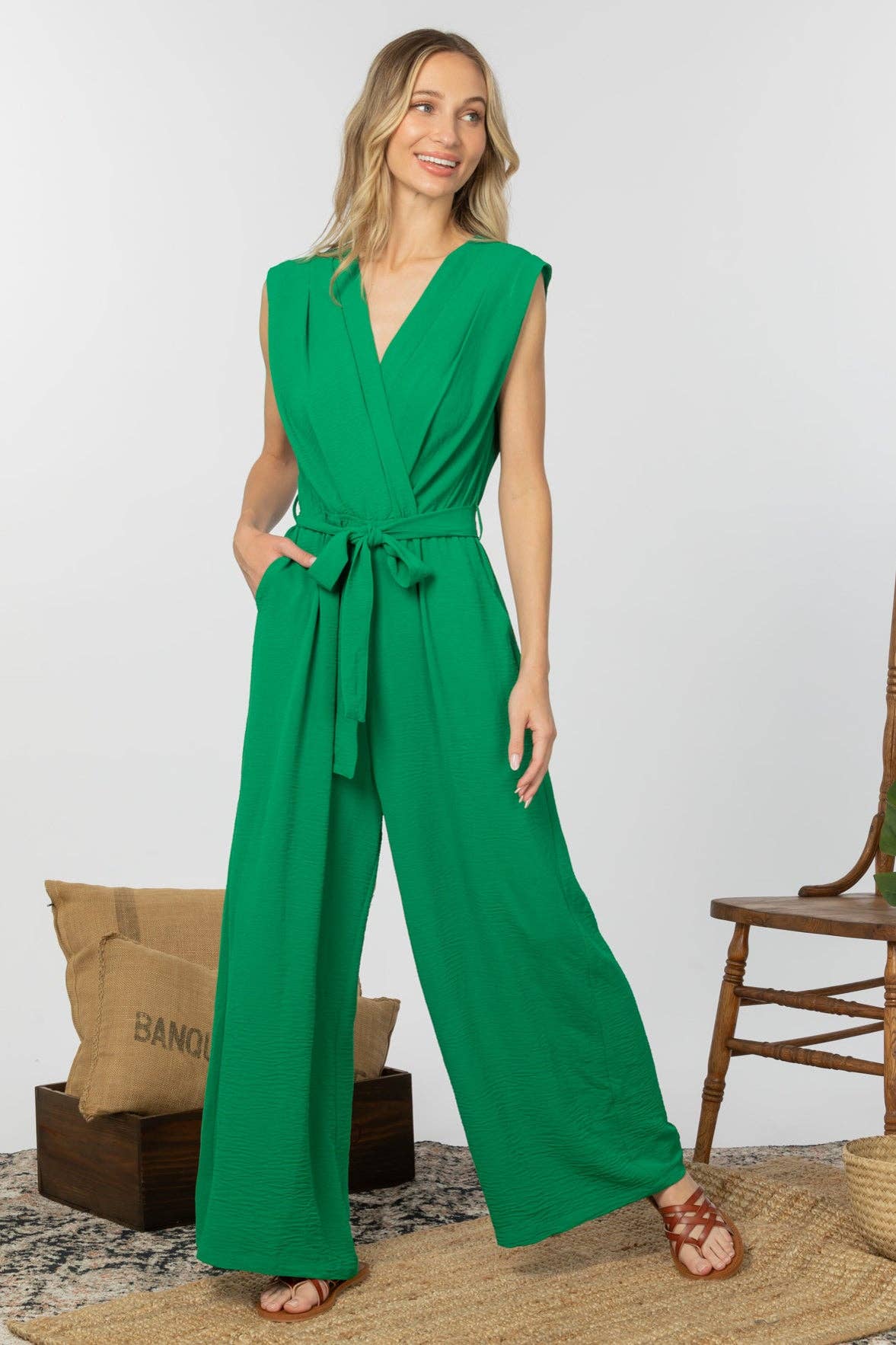 Sleeveless Faux Wrap Wide Leg Jumpsuit