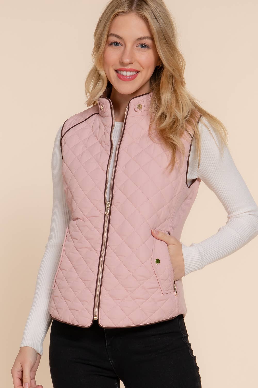 Suede Piping Detail Rib Quilted Padding Vest