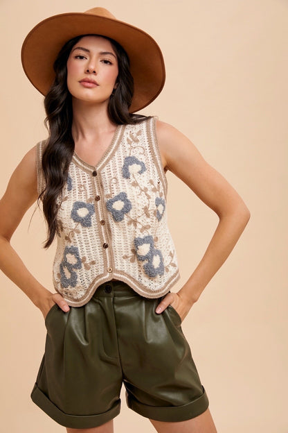 Floral Embroidery Path Crochet Sweater Vest