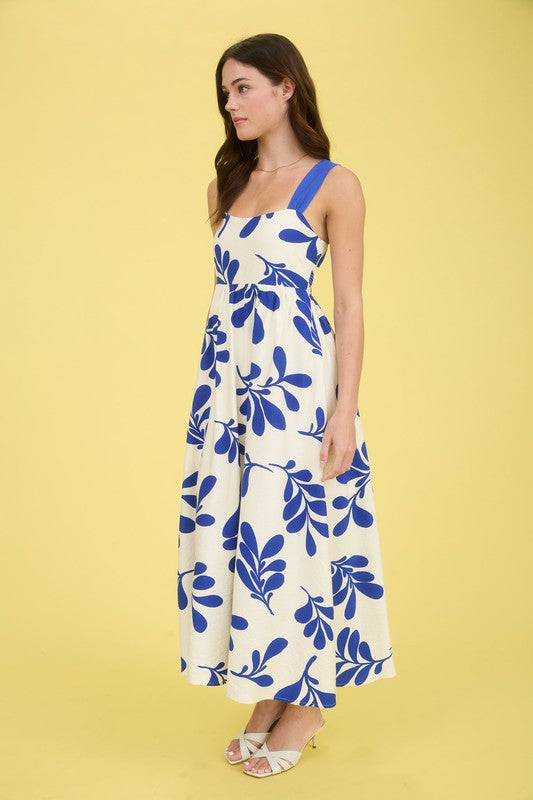 Leaf Print Back Tie Empire Waist Midi Dress