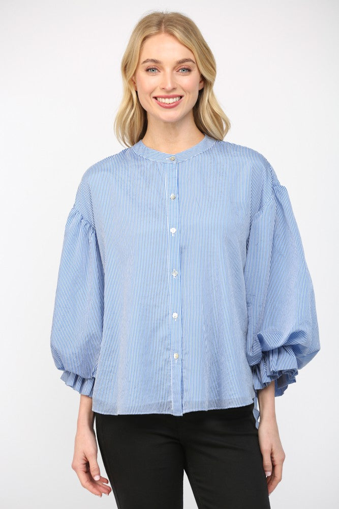 Pinstripe Voluminous Bubble Slv Blouse - Blue