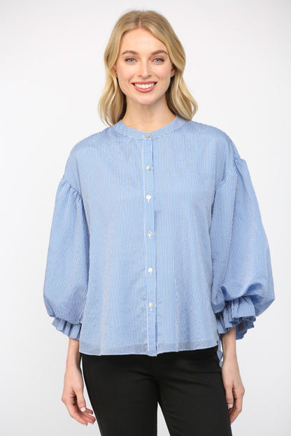 Pinstripe Voluminous Bubble Slv Blouse - Blue