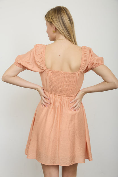 Pleated Bodice Short Puff Sleeve Mini Dress - Off White