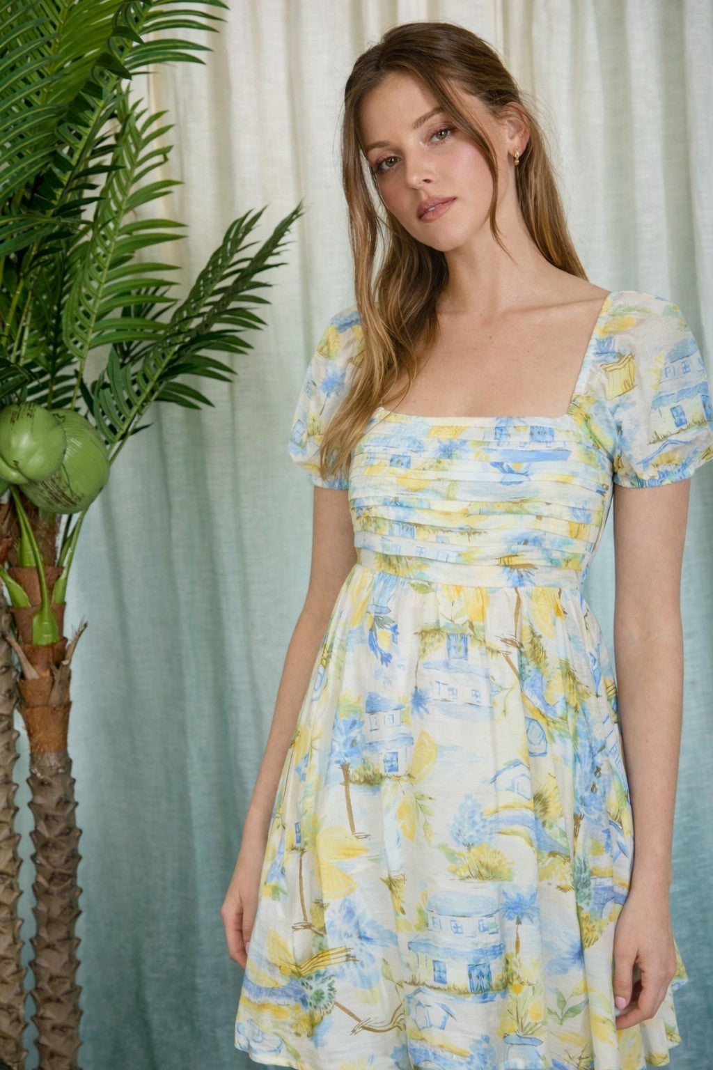 Lemon Print Pleated Short Puff Sleeve Mini Dress