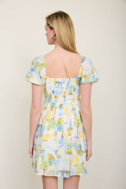 Lemon Print Pleated Short Puff Sleeve Mini Dress