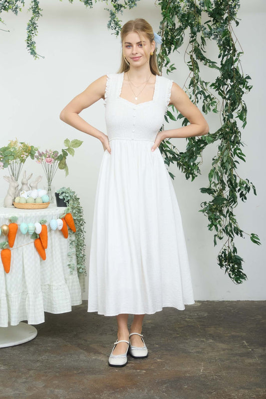 Sweetheart Smocked Mock Button Midi Dress