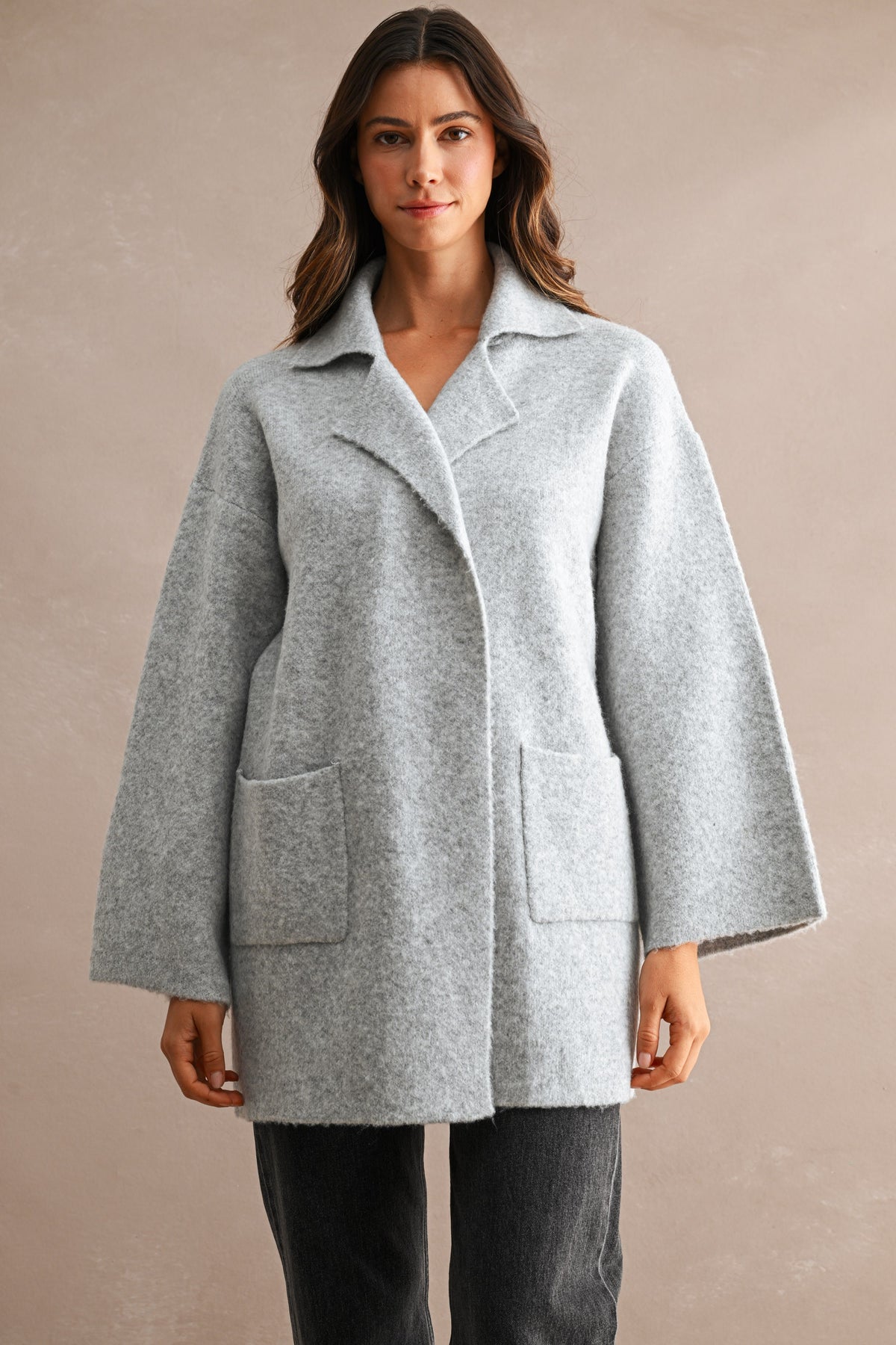 Longline Knit Notched Lapel Collar Open Front Cardigan