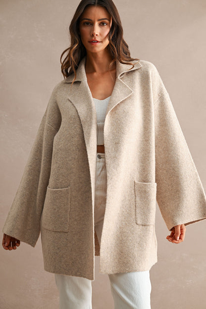 Longline Knit Notched Lapel Collar Open Front Cardigan