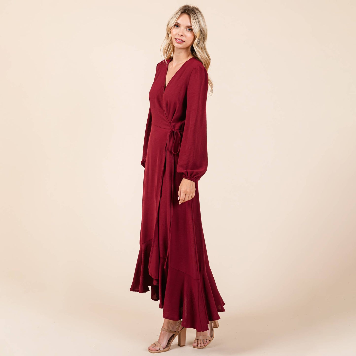 Ruffle Hem High Low Long Sleeve Wrap Maxi Dress