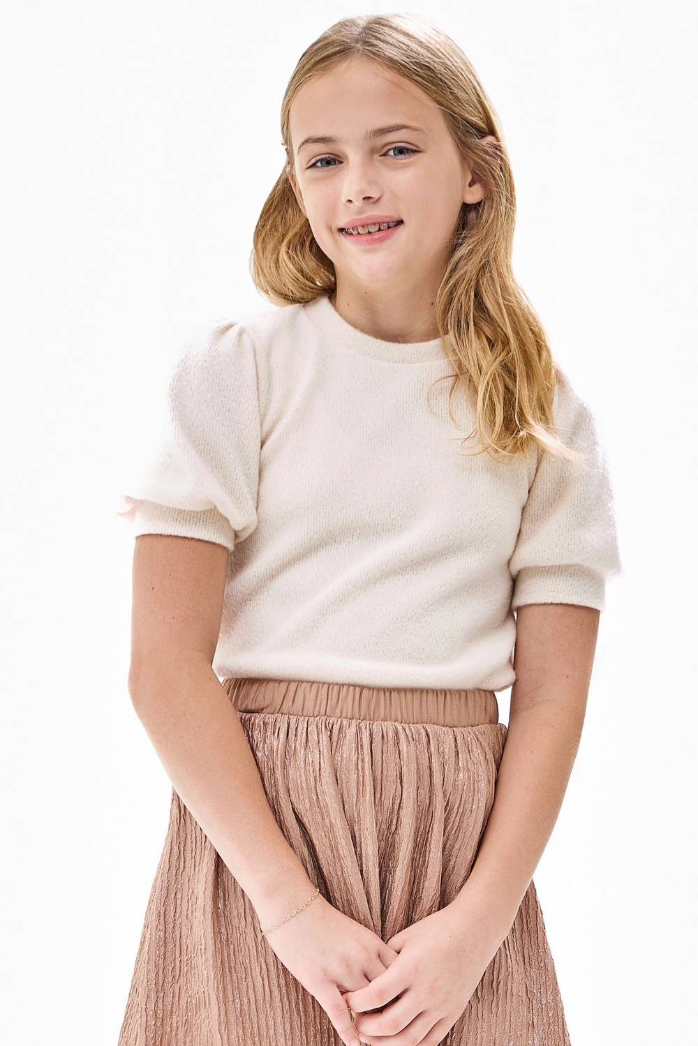 Tween Short Puff Sleeve Knit Sweater