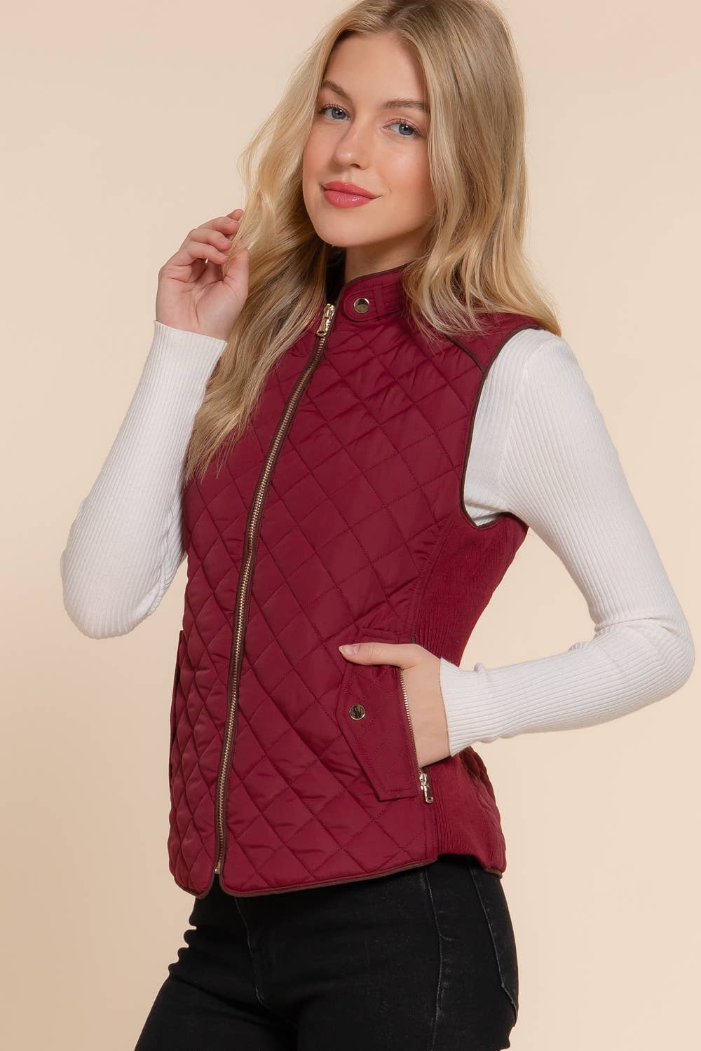 Suede Piping Detail Rib Quilted Padding Vest