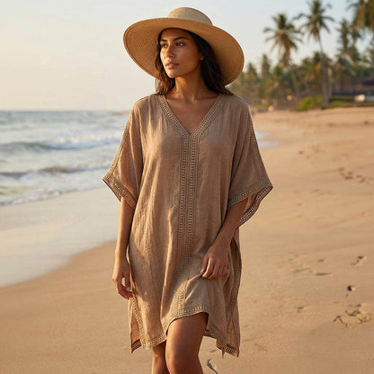 Solid Color V Neck Beach Cover Up Tunic Dress