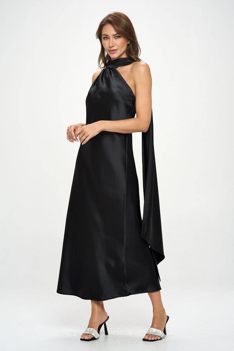 One Shoulder Satin Maxi Dress with Scarf Detail