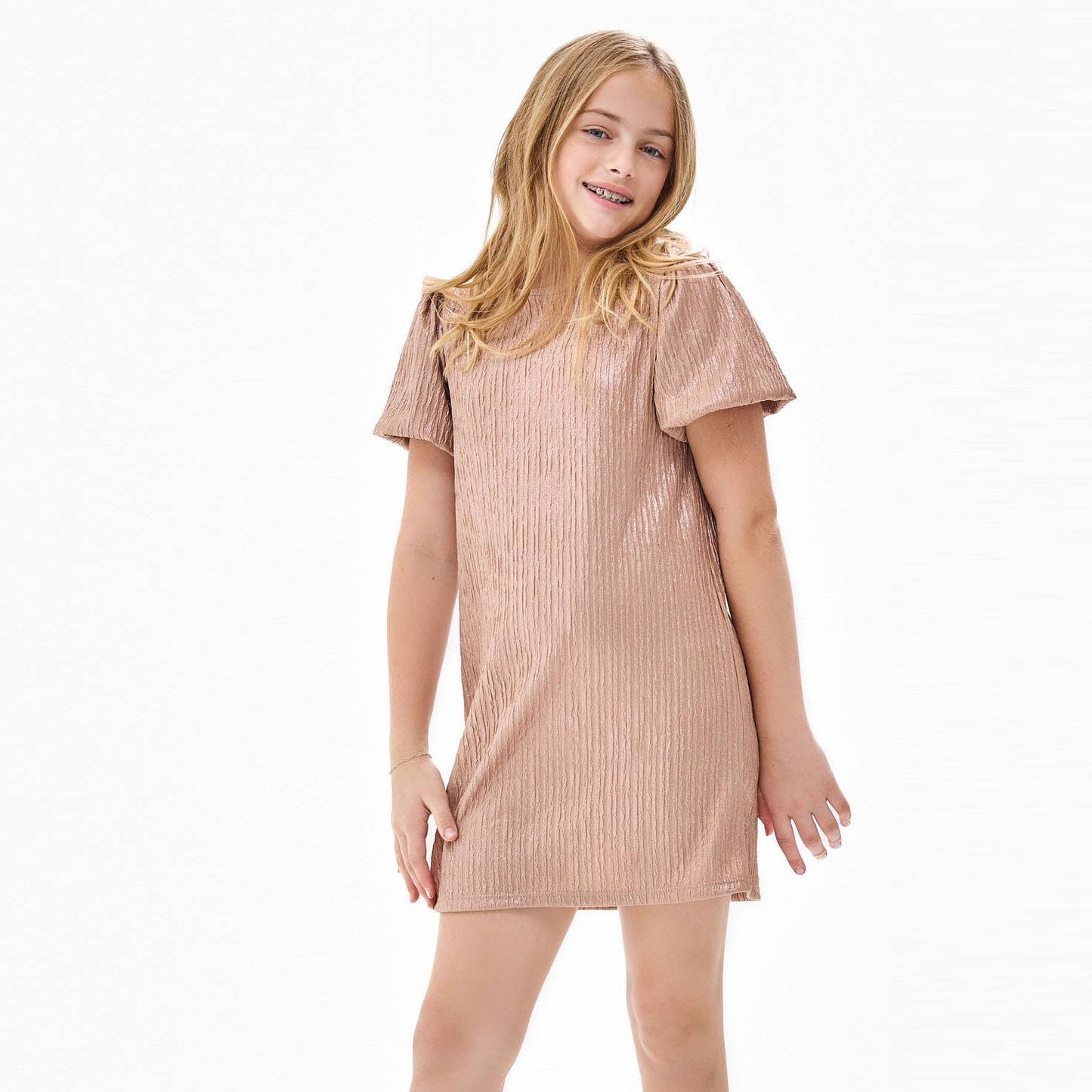 Tween Glitter Jacquard Balloon Sleeve Dress