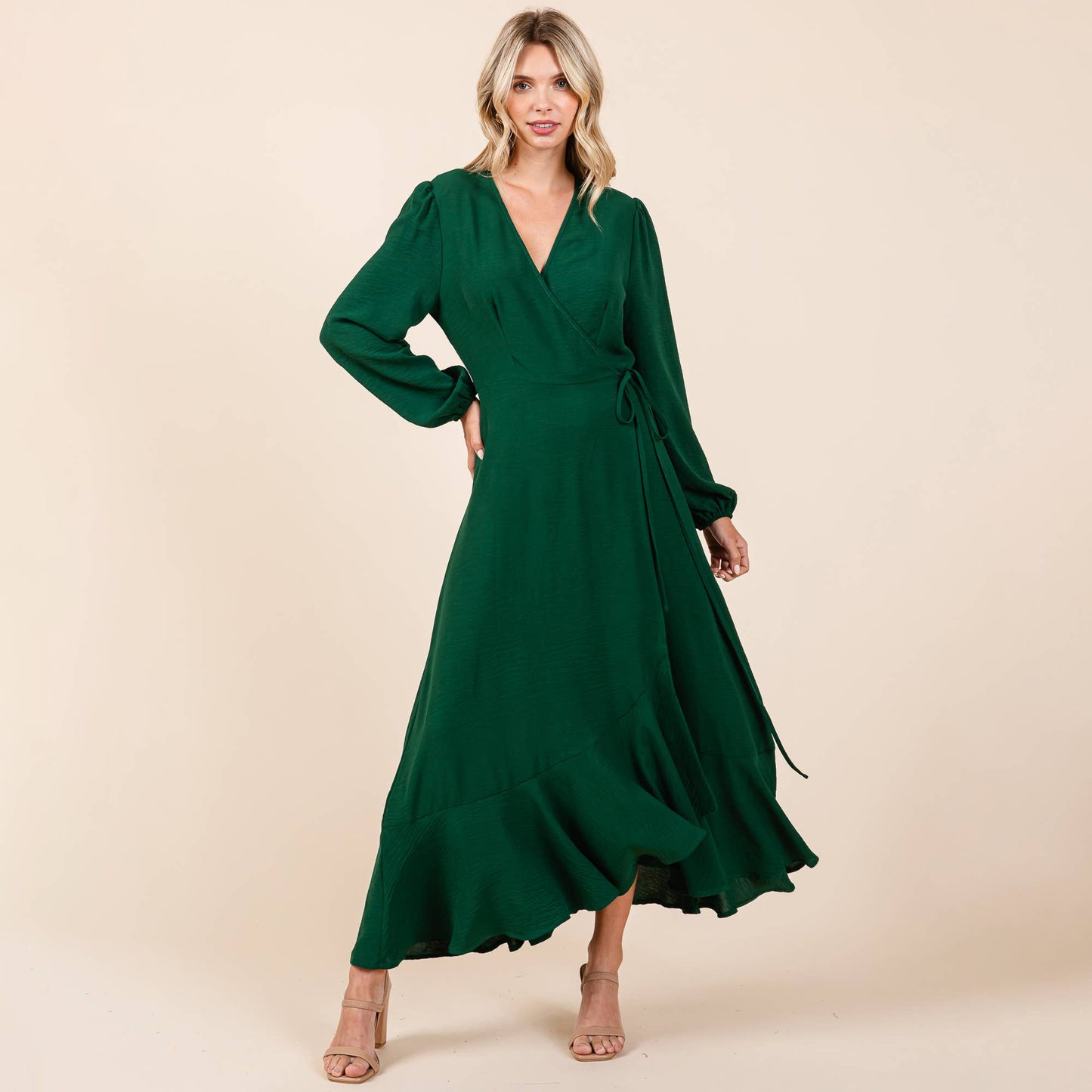 Ruffle Hem High Low Long Sleeve Wrap Maxi Dress