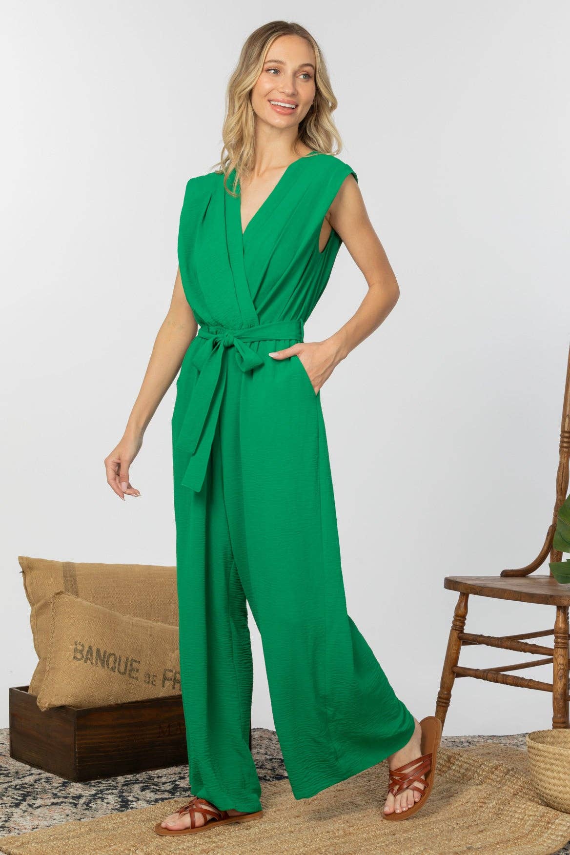 Sleeveless Faux Wrap Wide Leg Jumpsuit