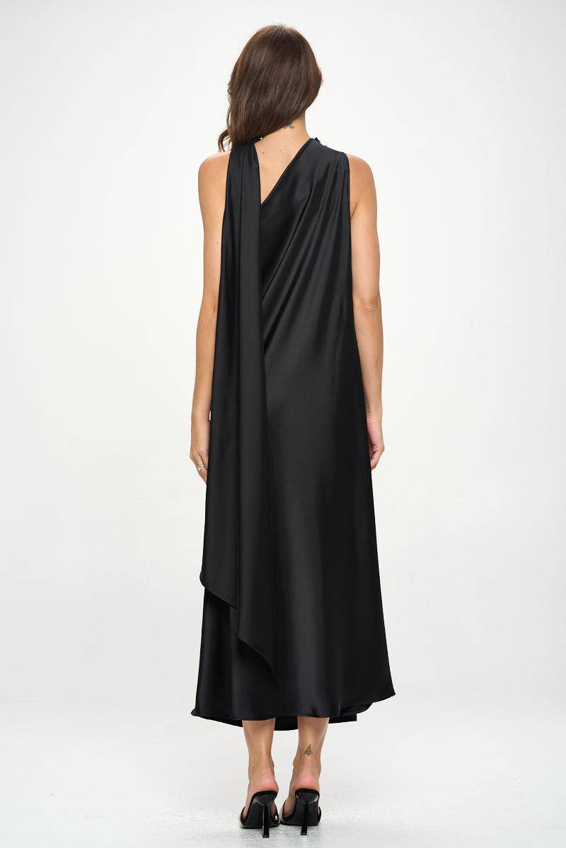 One Shoulder Satin Maxi Dress with Scarf Detail