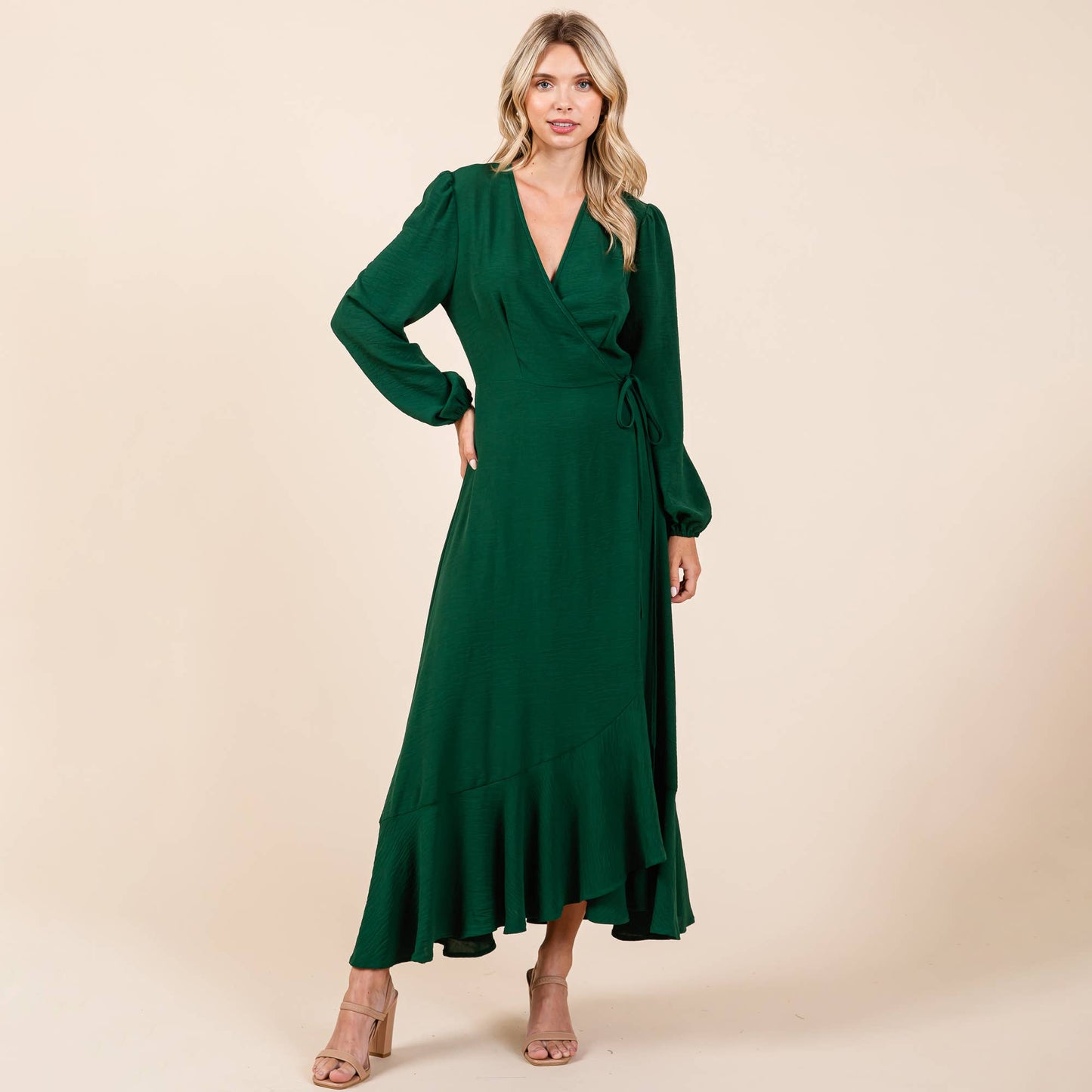 Ruffle Hem High Low Long Sleeve Wrap Maxi Dress