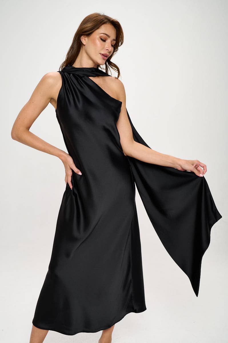 One Shoulder Satin Maxi Dress with Scarf Detail