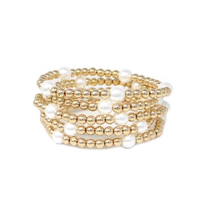 What's Hot - Set of 5 Gold Beaded and Pearl Stretch Bracelets