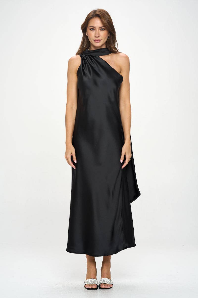 One Shoulder Satin Maxi Dress with Scarf Detail