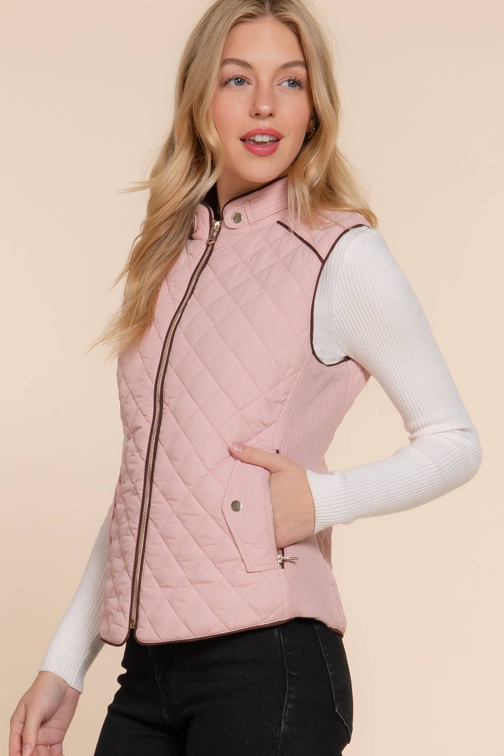 Suede Piping Detail Rib Quilted Padding Vest