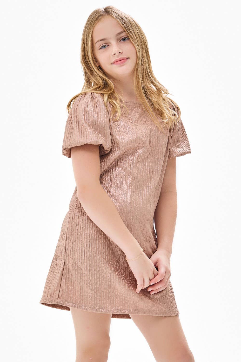 Tween Glitter Jacquard Balloon Sleeve Dress