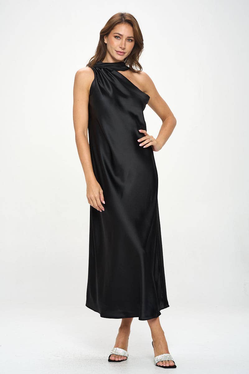 One Shoulder Satin Maxi Dress with Scarf Detail