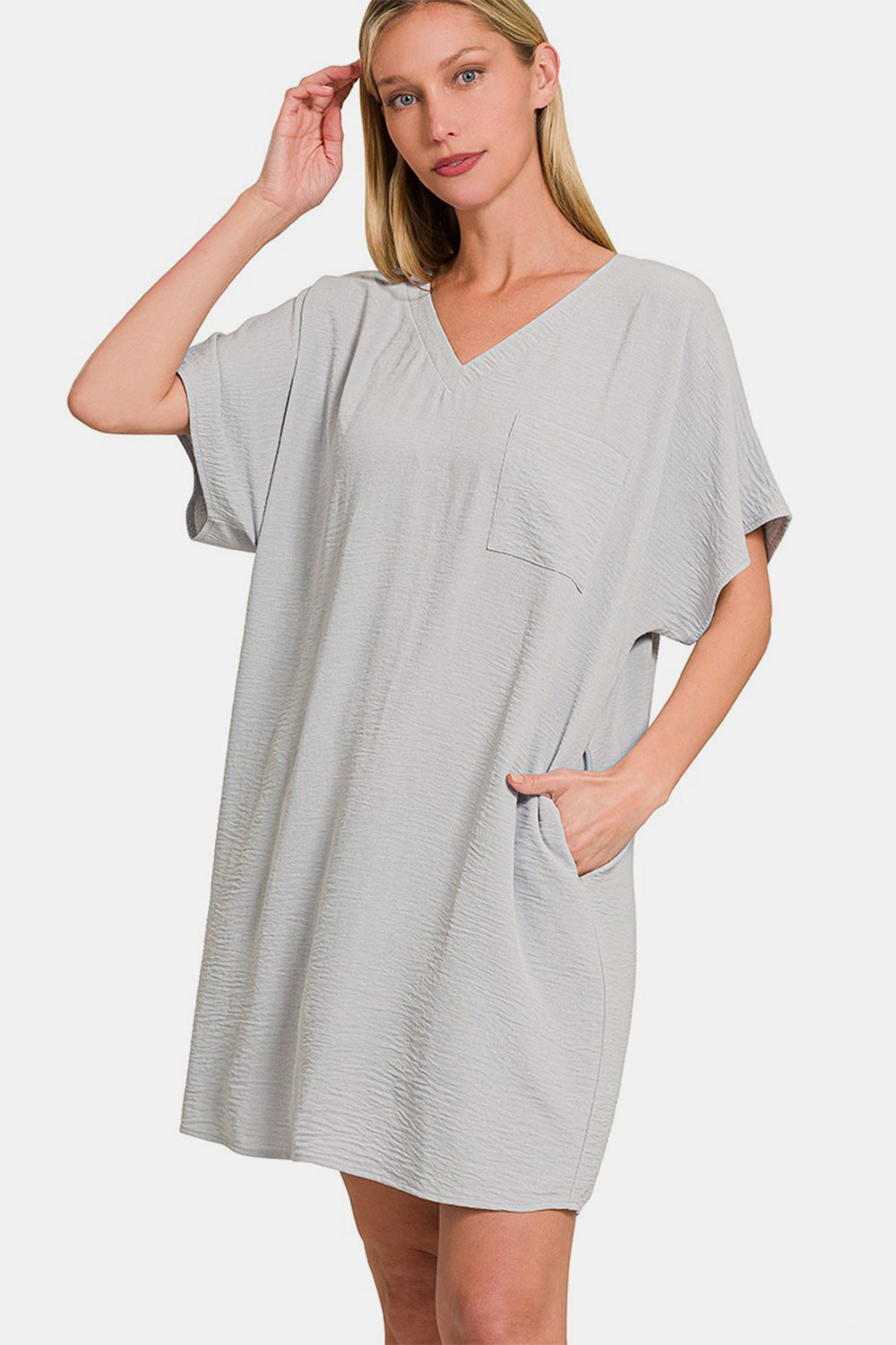 Zenana Woven Airflow V Neck T Shirt Dress with Pockets