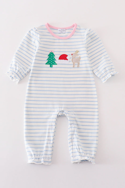 PREMIUM BLUE STRIPE CHRISTMAS TREE APPLIQUE GIRL ROMPER