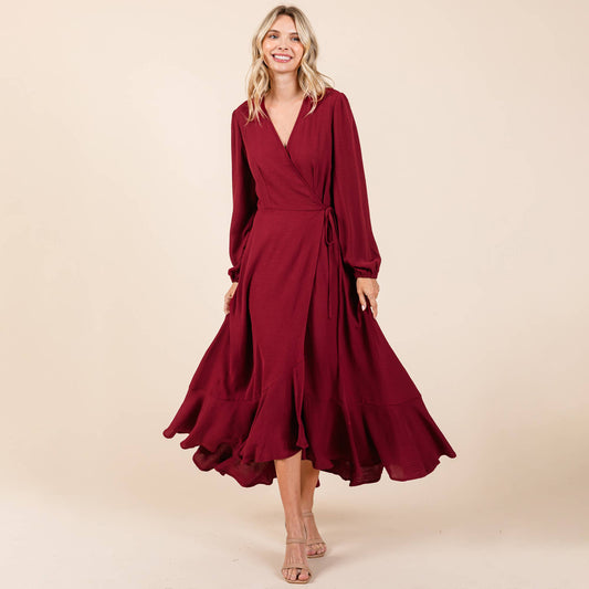 Ruffle Hem High Low Long Sleeve Wrap Maxi Dress